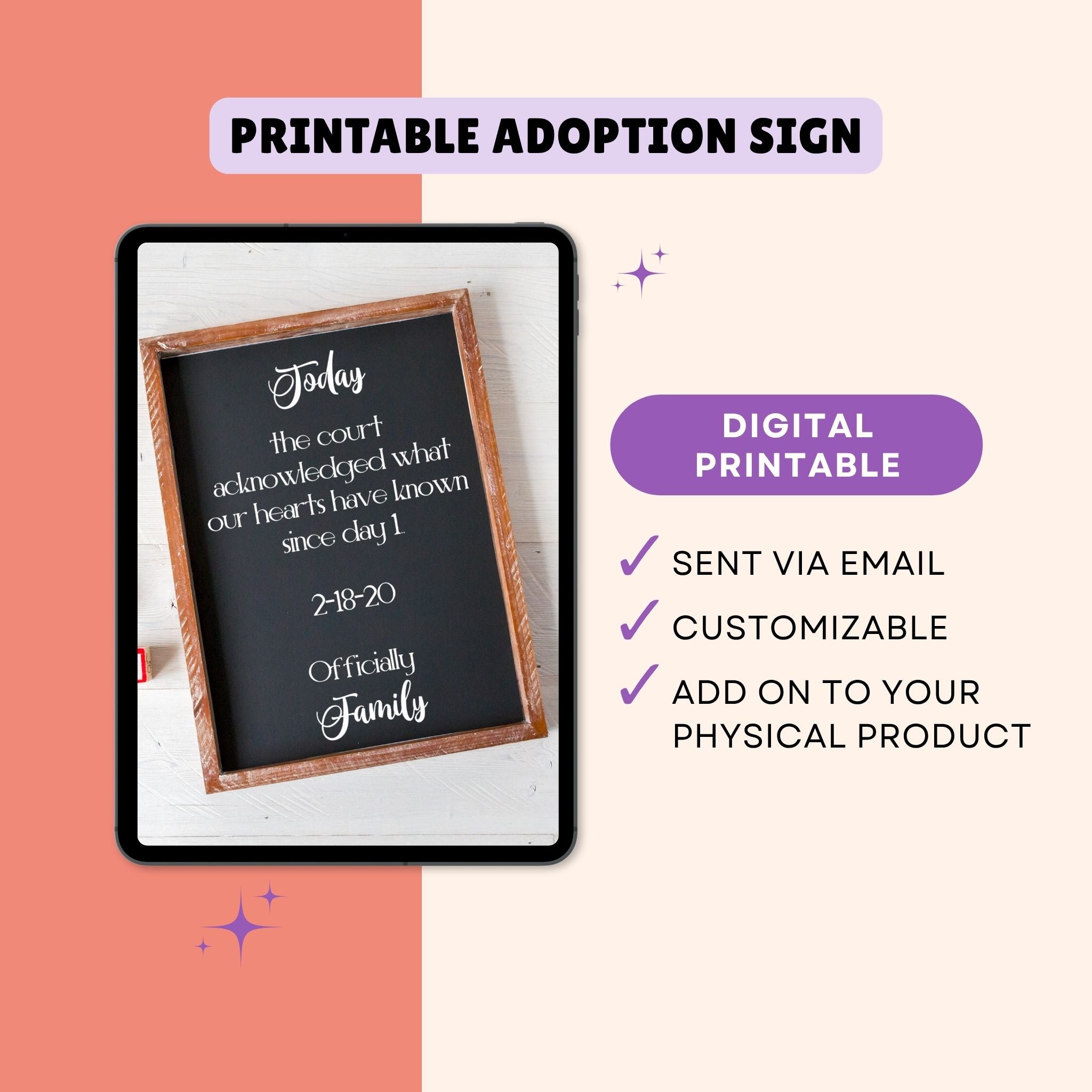 Wood sign with offically adopted wording on a device screen on the left with wording digital printable on the right.