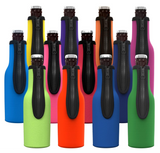 A group of insulated bottle koozies in assorted bright colors, each fitted over a dark glass bottle with a metal cap. The koozies are shown in blue, yellow, purple, orange, pink, lime green, red, and green, all with black zipper-style holders.