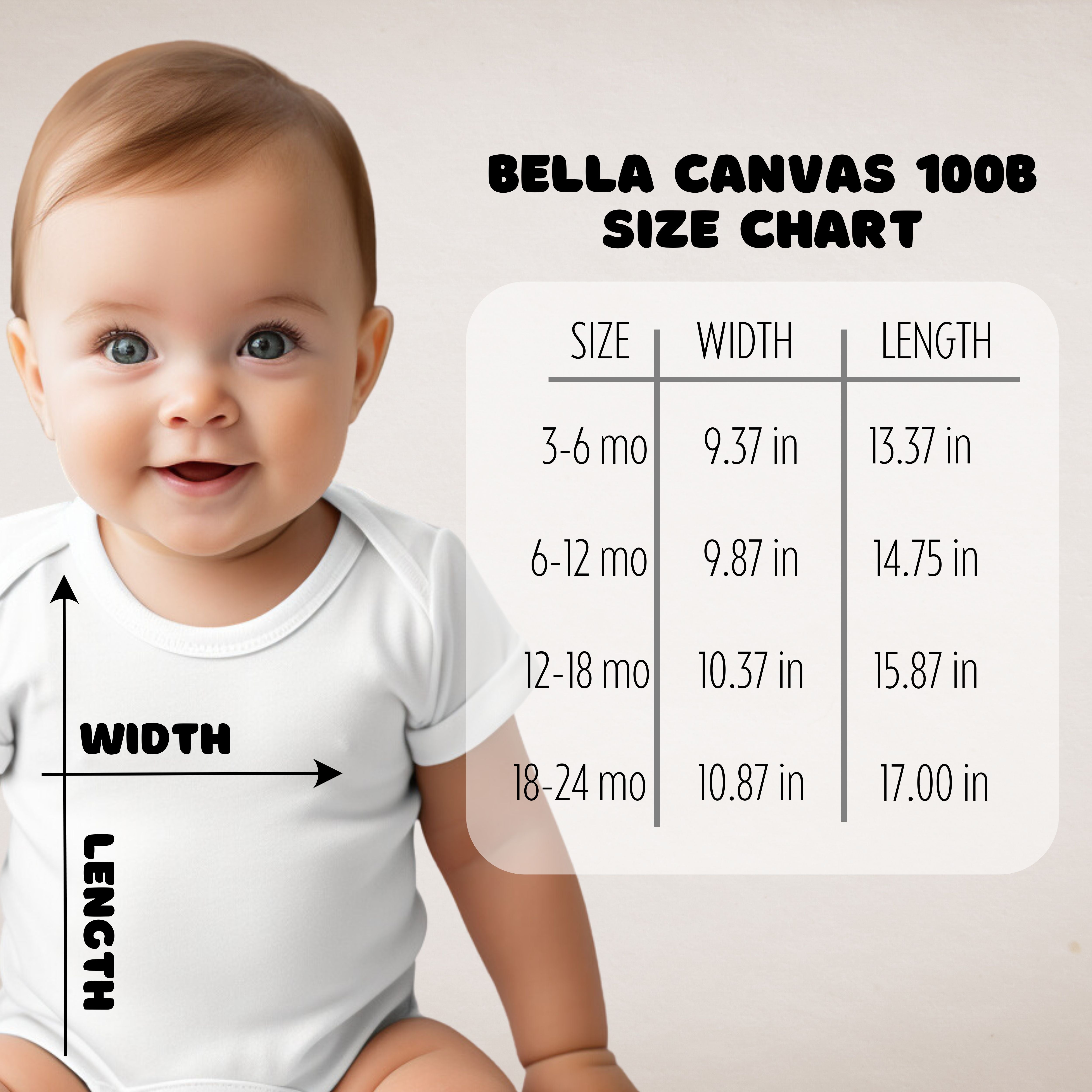 Baby size chart graphic showing a smiling baby wearing a white bodysuit, with measurement arrows labeled width and length and a size table for Bella Canvas 1008 sizes from 3-6 months to 18-24 months.