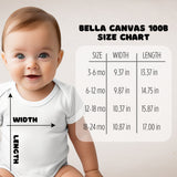 Baby size chart graphic showing a smiling baby wearing a white bodysuit, with measurement arrows labeled width and length and a size table for Bella Canvas 1008 sizes from 3-6 months to 18-24 months.