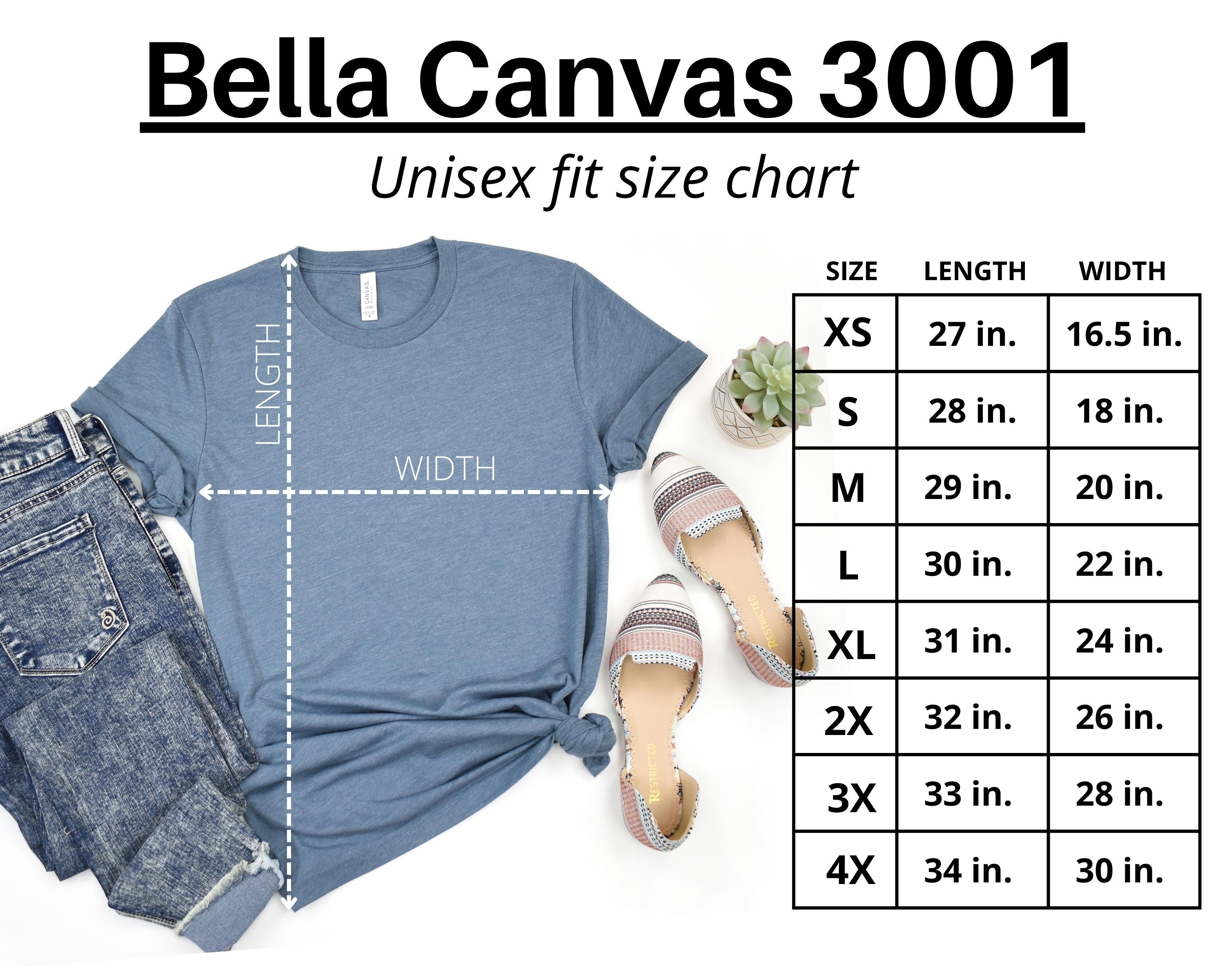 A unisex fit size chart graphic for Bella Canvas 3001, showing a blue T-shirt with measurement lines and a size table listing XS through 4X with length and width measurements. Jeans, sandals, and a small plant are styled around the shirt on a white background.