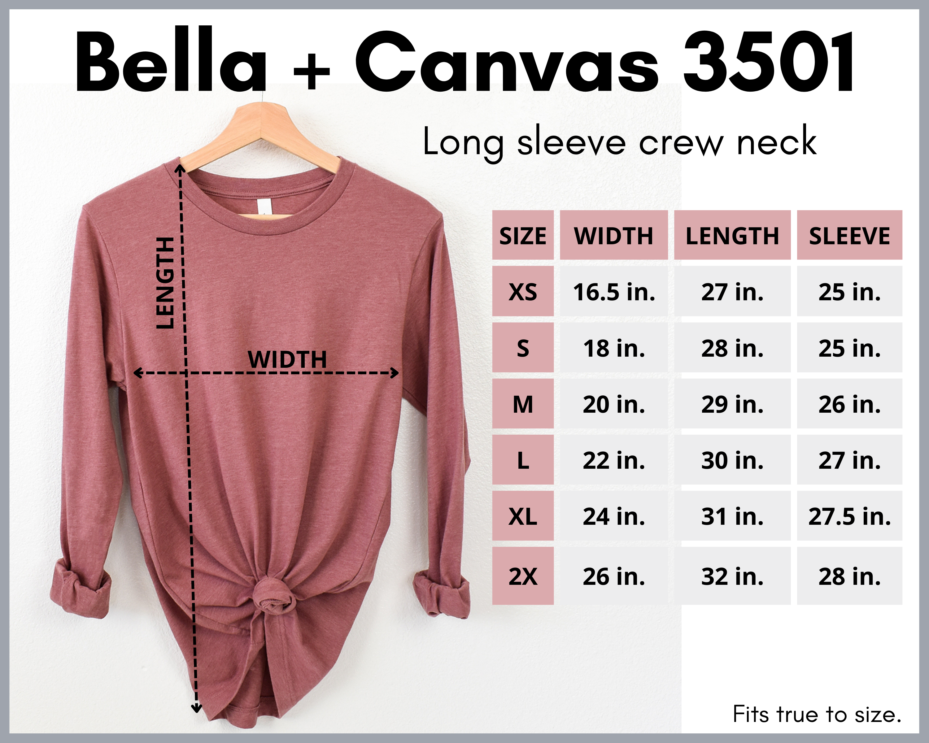 Bella + Canvas 3501 long sleeve crew neck shirt with size chart on a white background