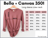 Bella + Canvas 3501 long sleeve crew neck shirt with size chart on a white background