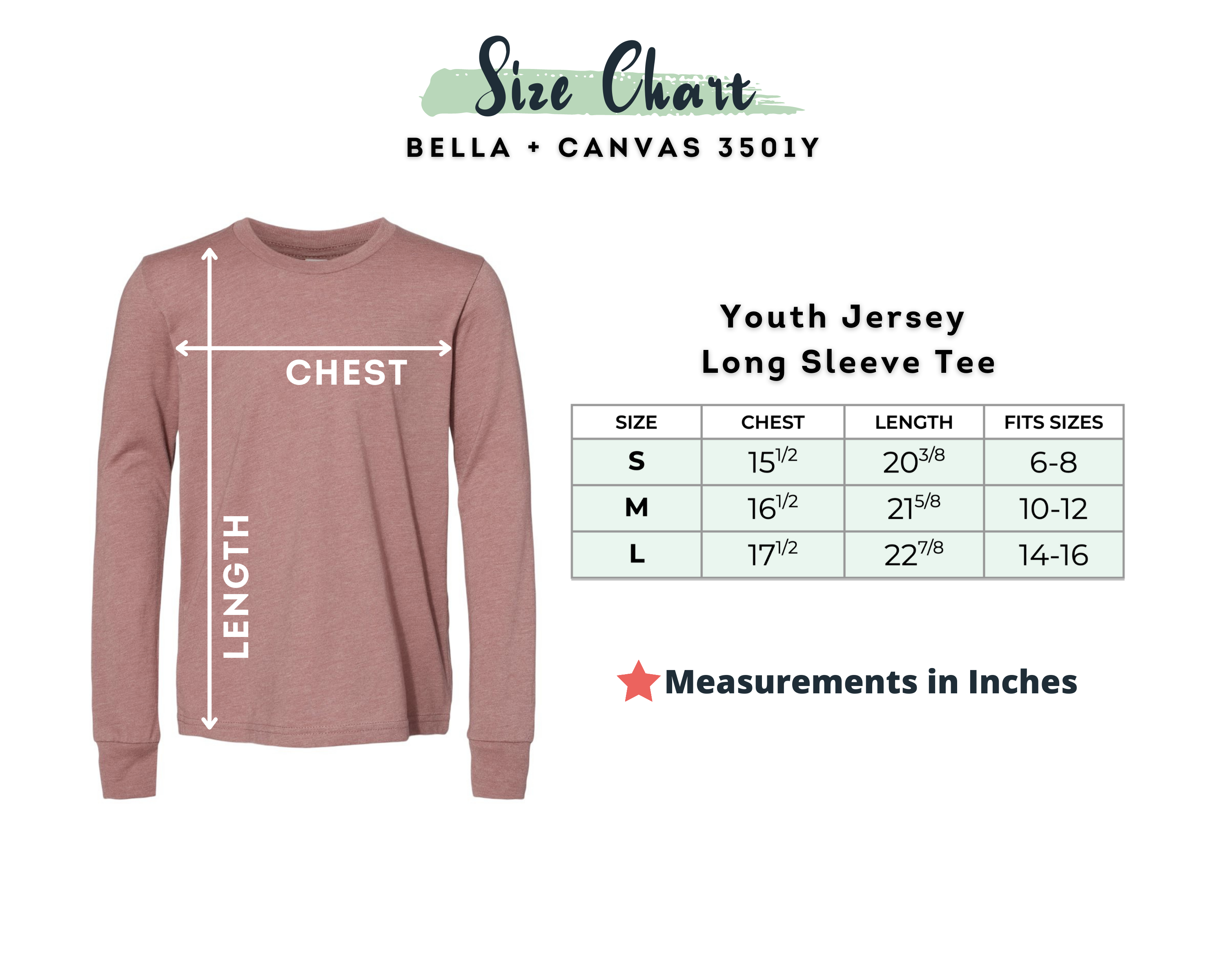 A size chart graphic for a Bella + Canvas 3501Y youth long-sleeve tee in a dusty rose color. The left side shows a mockup of the shirt with arrows indicating chest and length measurements, while the right side contains a size table for S, M, and L sizes in inches.