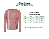 A size chart graphic for a Bella + Canvas 3501Y youth long-sleeve tee in a dusty rose color. The left side shows a mockup of the shirt with arrows indicating chest and length measurements, while the right side contains a size table for S, M, and L sizes in inches.