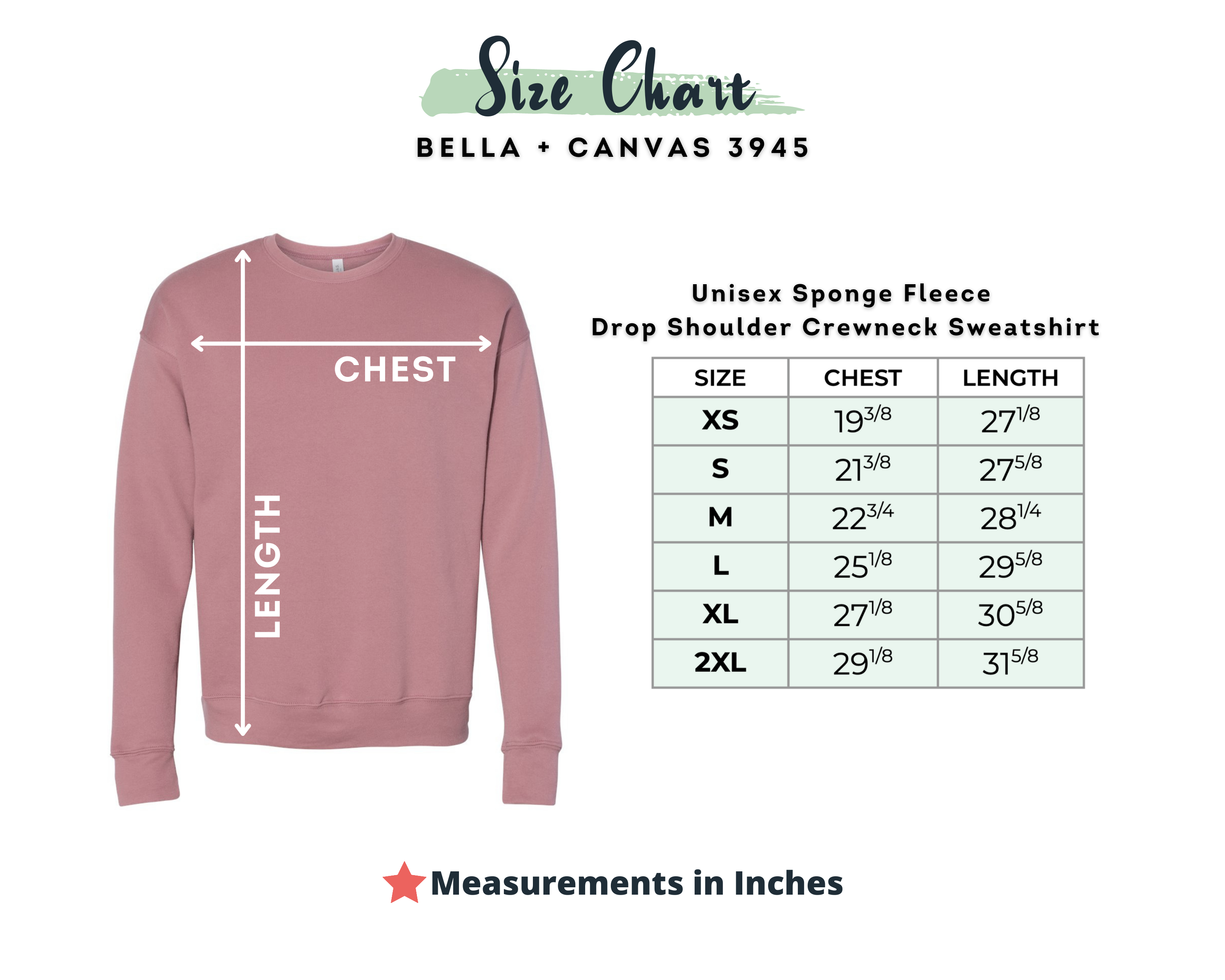 Bella Canvas 3945 Size chart for unisex sponge fleece drop should crewneck sweatshirt with size and mauve colored shirt on the left.
