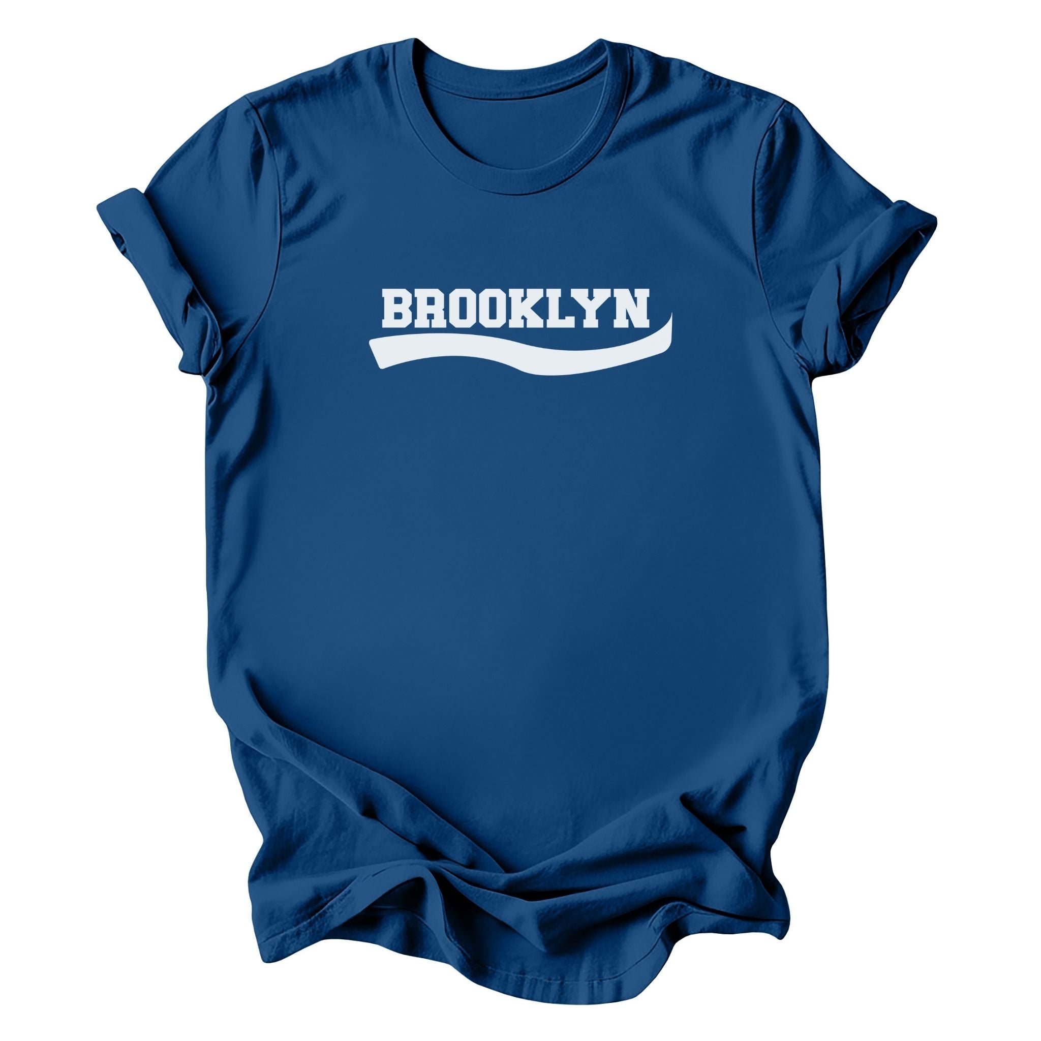 A royal blue short-sleeve t-shirt with 'BROOKLYN' printed in white across the chest, styled with a wavy underline graphic, shown on a plain white background.