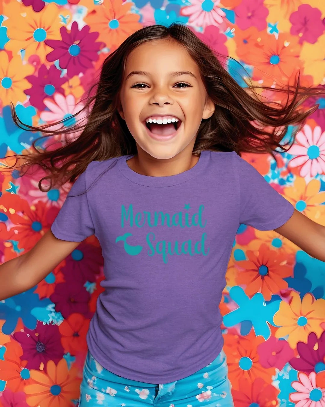 Child wearing a purple 'Mermaid Squad' shirt against a colorful floral background