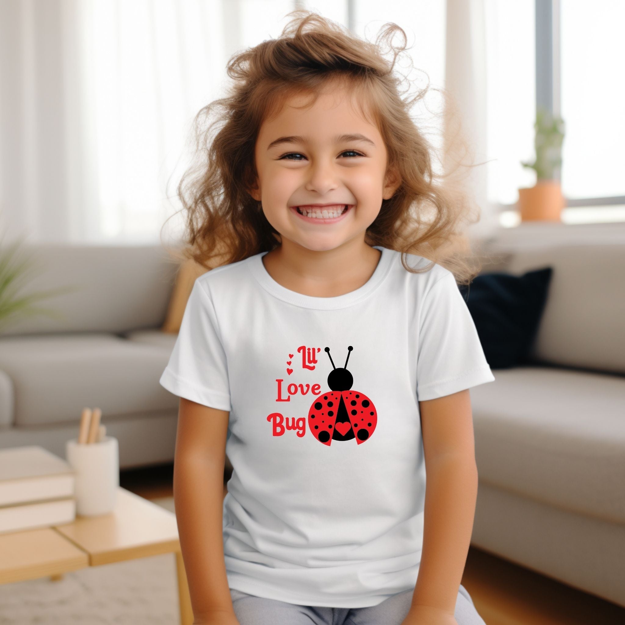 A young girl with curly brown hair smiling in a white t-shirt featuring a red ladybug graphic and the text 'I love bugs'. The photo is taken in a brightly lit living room with a sofa in the background.