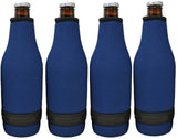 Four blue neoprene bottle coolers snugly fitted around glass beer bottles with silver caps, shown against a plain white background.