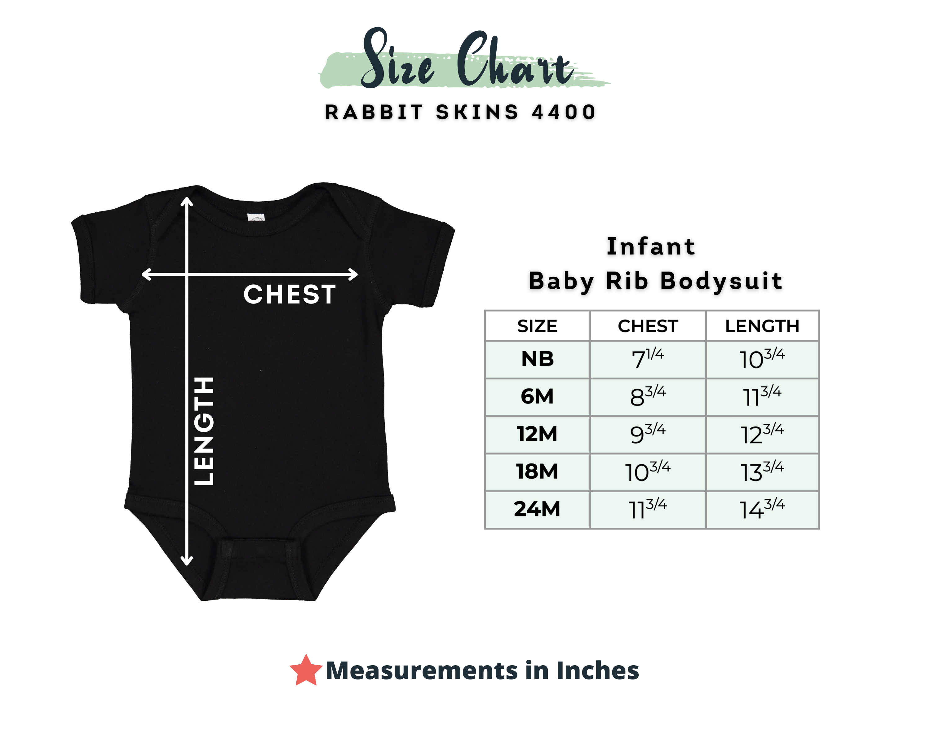 A size chart graphic for an infant baby rib bodysuit by Rabbit Skins 4400, showing a black short-sleeve bodysuit with chest and length measurement arrows, plus a size table listing sizes NB, 6M, 12M, 18M, and 24M with chest and length measurements in inches.