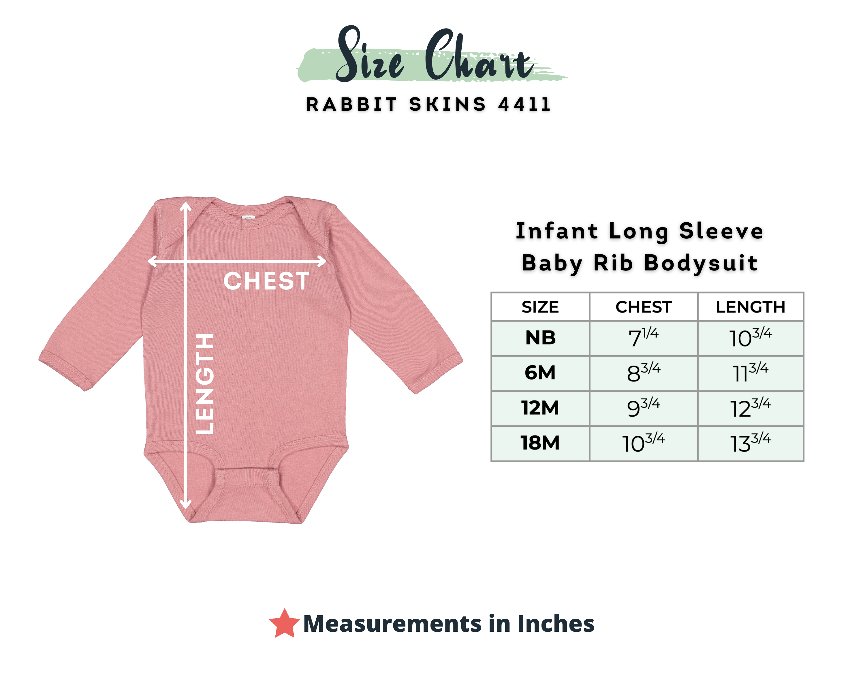 A size chart graphic for the Rabbit Skins 4411 Infant Long Sleeve Baby Rib Bodysuit. The image features a pink baby bodysuit with white arrows indicating chest and length measurements, alongside a size table listing measurements in inches for sizes NB, 6M, 12M, and 18M.