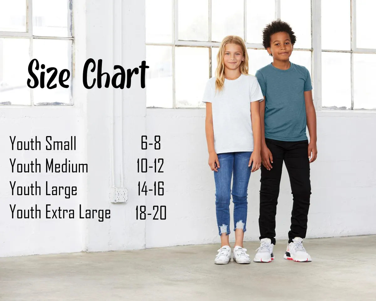 Two children standing next to each other with a size chart on the left side.