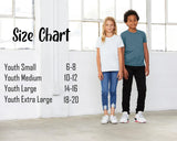 Two children standing next to each other with a size chart on the left side.