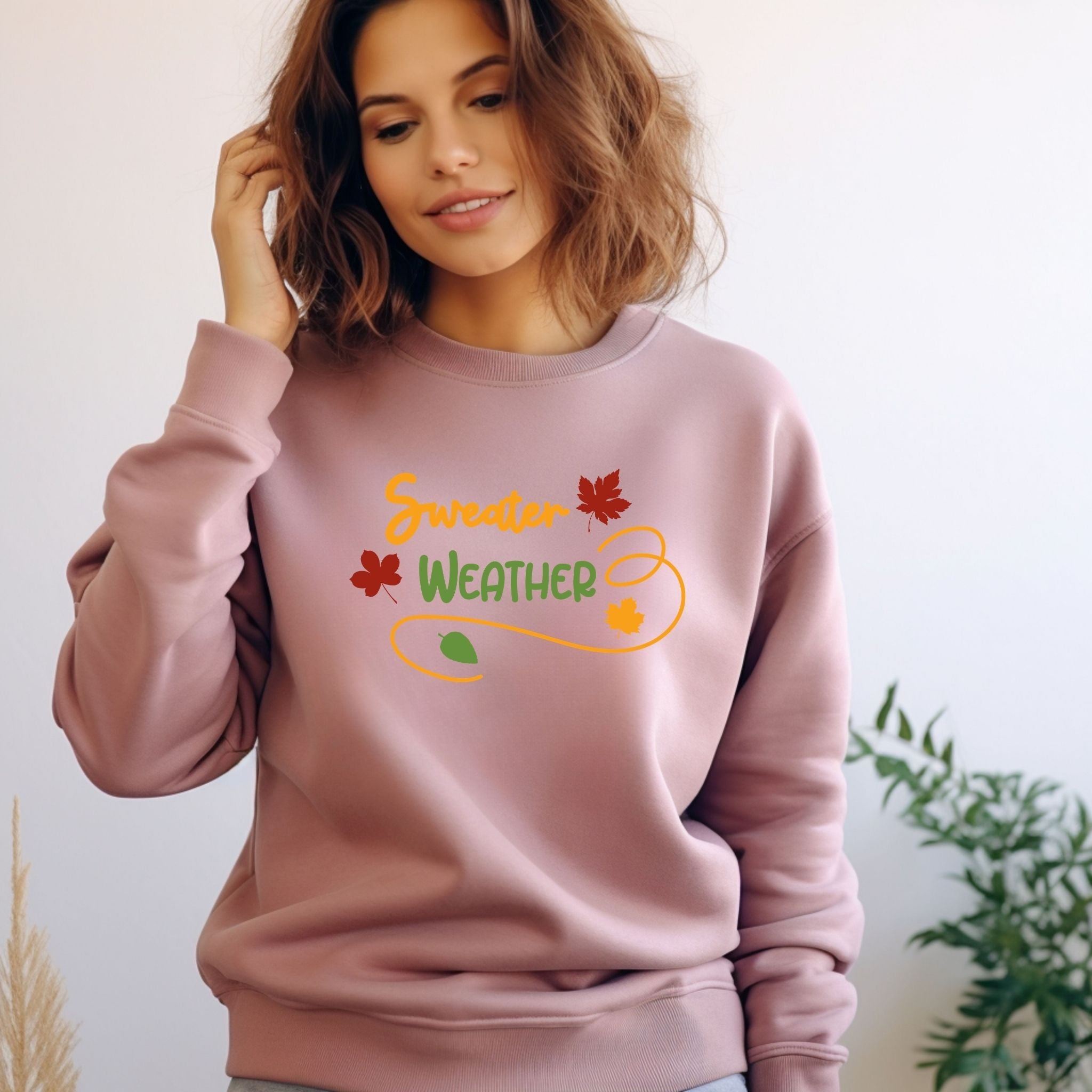 A woman wearing a dusty pink crewneck sweatshirt with a colorful 'Sunday Weather' graphic on the chest, posed against a light wall with a plant in the background.